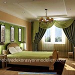 Odanin rengine uygun yesil yatak odasi perde modeli