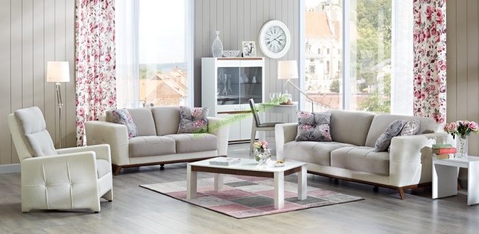 Perfetto Salon Takımı 5.510 TL Modern tasarımı ile üçlü, ikili ve mekanizmalı/mekanizmasız berjer modüllerinden oluşmaktadır. Fontta ve kolun dış kısmında uygulanan çektirme ile estetik bir koltuk takımı Gövdeye uygulanan efektli deri ile font-sırtta uygulanan yumuşak dokulu kumaşın harika uyumu. Font minderlerinde kullanılan sandviç sünger sayesinde kalite ve konfor ön planda Ceviz renginde yüksek ahşap ayaklar