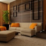 Dekoratif duvar tasarımı krem ve kahve renklerle tasarlanmış oturma odası