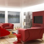 Dekoratif duvar ünitesi ve kırmızı renkli modern oturma odası