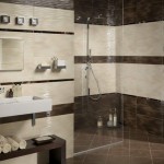 Kahverengi krem tonlarında fayans duş kabinli modern banyo
