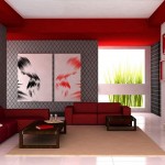 Kırmızı koltuklarla modern şık döşenmiş oturma odası